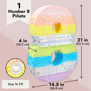 Large Number 8 Pinata for 8th Birthday Party Decorations, Rainbow Pastel (21 x 14.5 x 4 In)