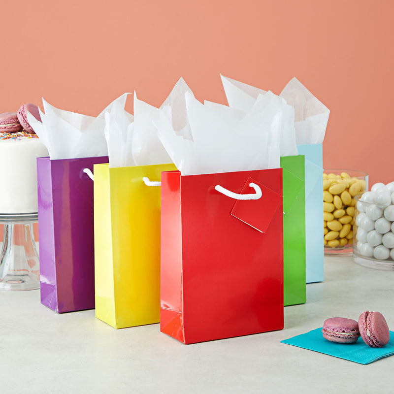20-Pack Small Paper Gift Bags with Handles, 5.5x2.5x7.9-Inch Goodie Bags with 20 Sheets White Tissue Paper and 20 Hang Tags for Small Business (5 Colors)
