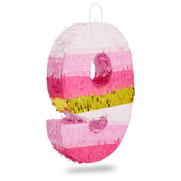 Small Pink and Gold Foil Number 9 Pinata for Kids 9th Birthday Party Decorations (16.5 x 11 Inches)