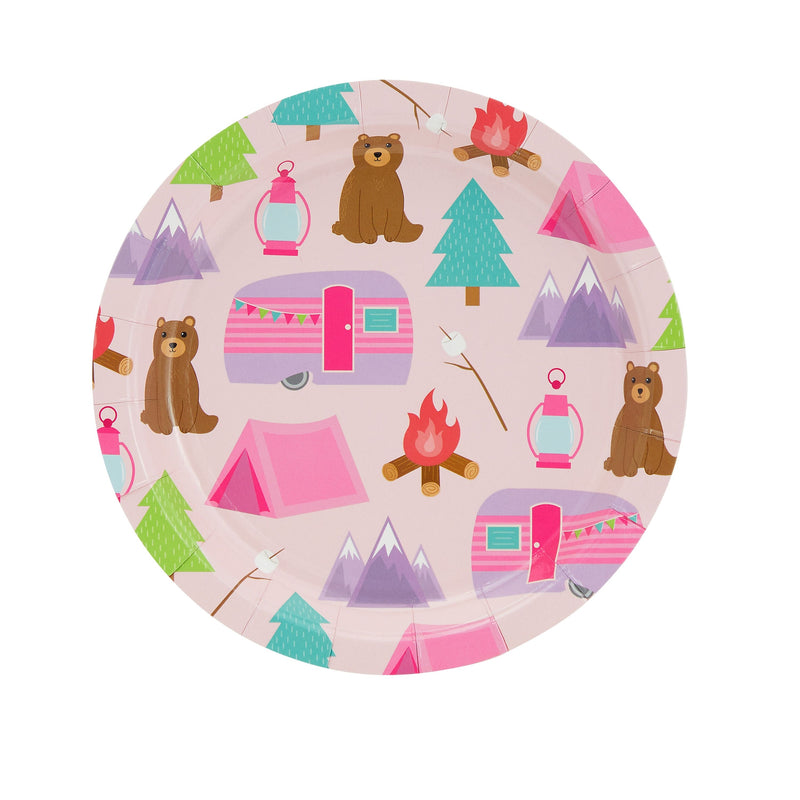 48 Pack Pink Camping Paper Plates for Girls One Happy Camper Birthday Party Supplies (7 In)