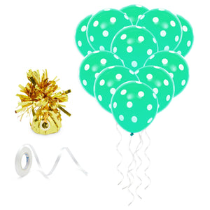 50-Pack 12-Inch Green Latex Polka Dot Balloons for Birthday Party Decorations Supplies with 1 Gold 2.5x2.5x5-Inch Balloon Weight and 1 Roll of 10mm Wide White String