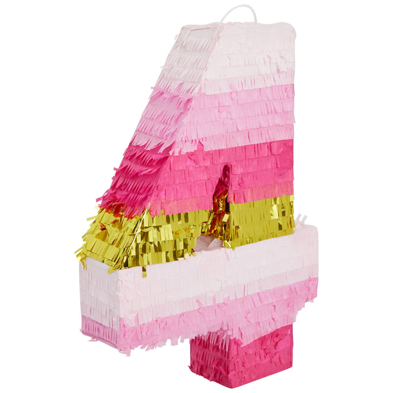 Number 4 Pinata, Pink and Gold Foil for Girls 4th Birthday Party Decorations (Small, 16.5 x 11 Inches)