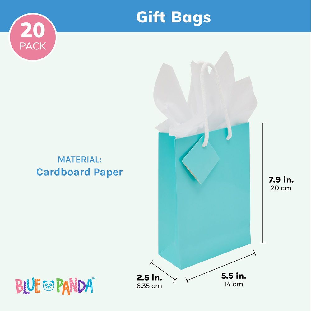 Small Teal Party Favor Gift Bags with Handles, Tissue Paper (5.5 x 7.9 In, 20 Pack)