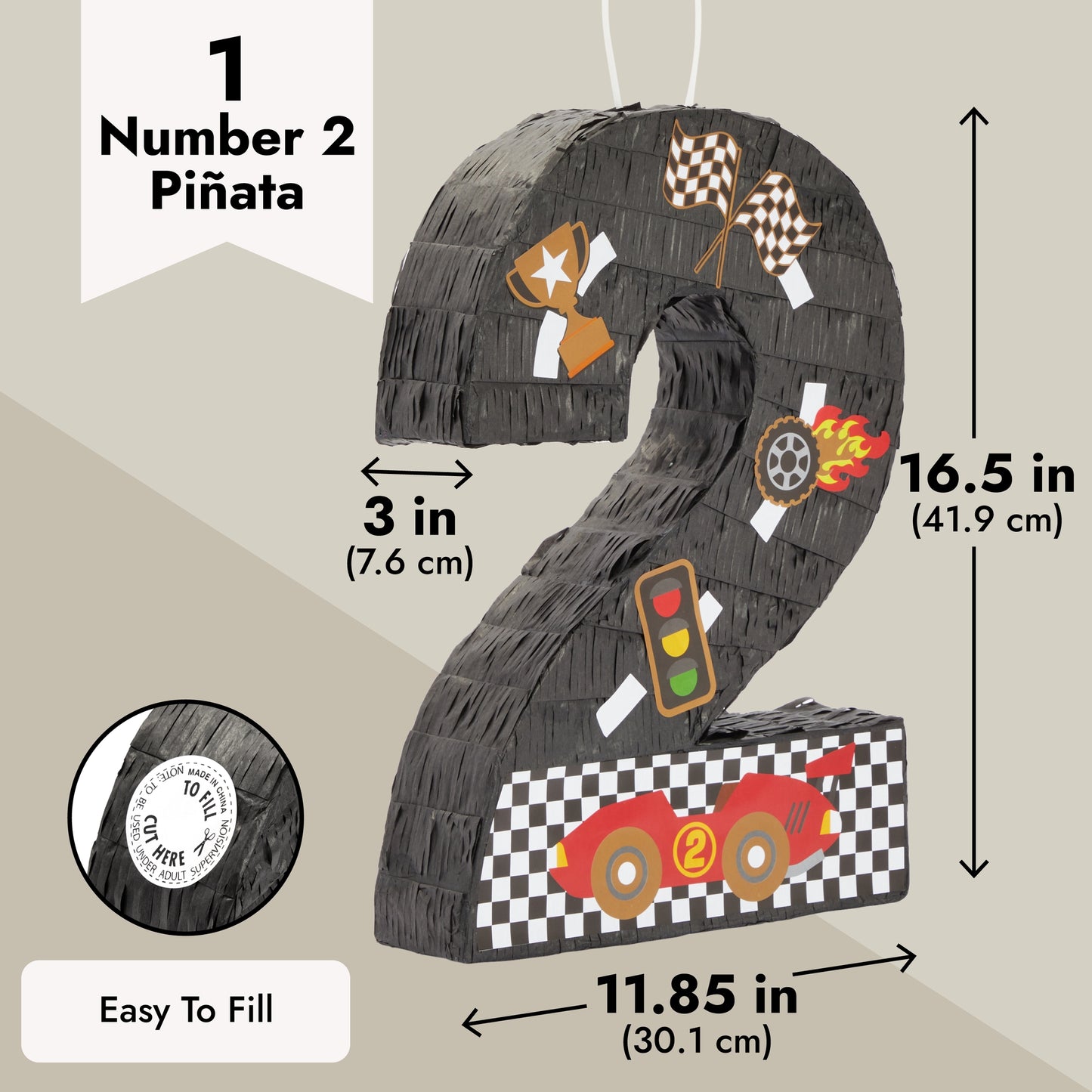 Number 2 Race Car Pinata for Two Fast Birthday Decorations, Party Supplies (Small, 16.5 x 11.85 x 3 In)