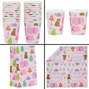183 Piece Girls One Happy Camper Birthday Party Supplies with Plates, Napkins, Cups, Goodie Bags, Tablecloth, Banner and Cutlery (Serves 24)