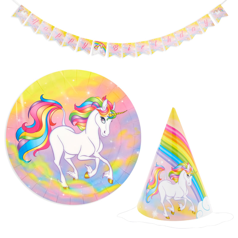 Serves 24 Unicorn Party Supplies & Decorations for Kids Girls Birthday, Rainbow Paper Plates, Napkins, Banner, Tablecloth & Balloons