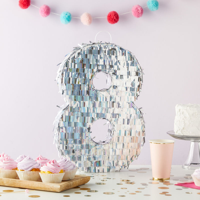 Small Holographic Silver Foil Number 8 Pinata for Kids Birthday Party Decorations (15.7x9x3 in)