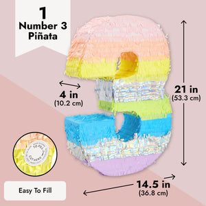 Large Number 3 Pinata for Girl's 3rd Birthday Party Decorations, Rainbow Pastel (21 x 14.5 x 4 In)
