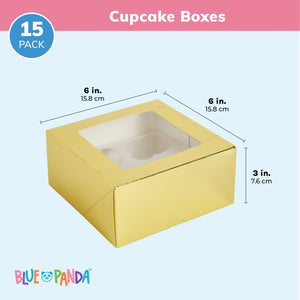 15 Pack Gold Paper Cupcake Boxes Containers Holds 4 Count with Window for Packaging, 9.4x6.3x3 inches