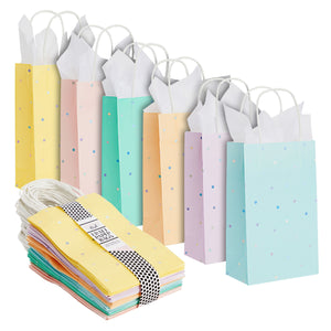 36 Pack Small Polka Dot Rainbow Gift Bags with Handles and White Tissue Paper for Birthdays, 6 Pastel Colors (9 x 6 x 3 In)