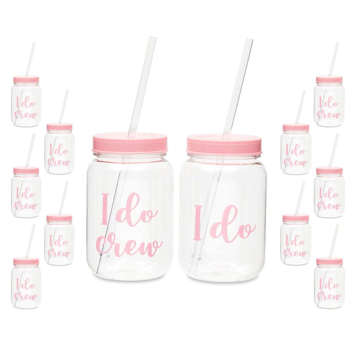 12 Pack "I Do Crew" Bachelorette Party Cups with Lids, Pink Bridal Shower Mason Jar Gifts (18 oz)