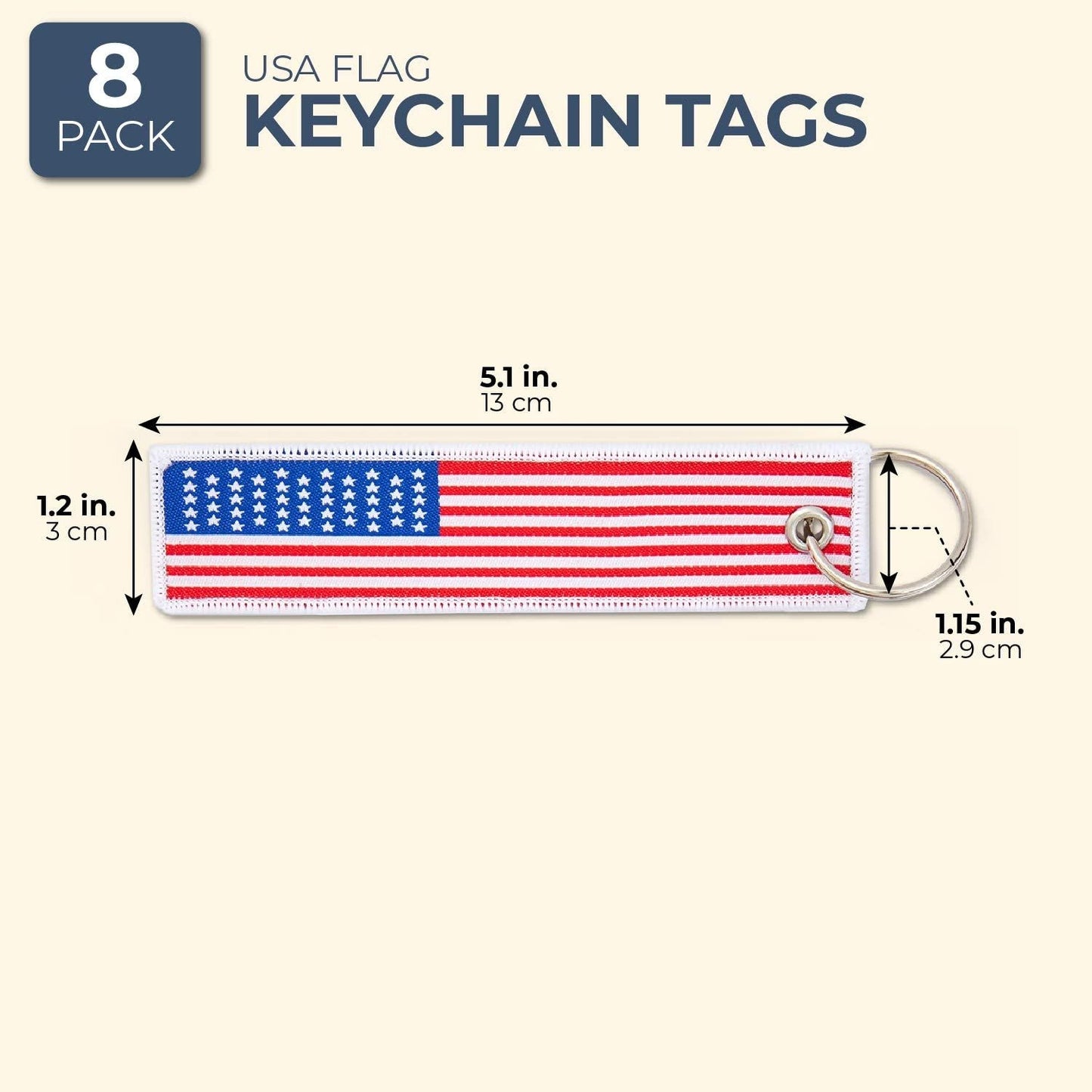 8 Pack Embroidered American Flag Keychain Tags for Women Men Kids US Patriotic Gifts, 5.1 x 1.2 in