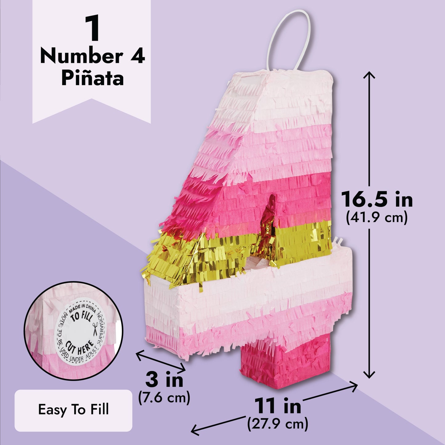 Number 4 Pinata, Pink and Gold Foil for Girls 4th Birthday Party Decorations (Small, 16.5 x 11 Inches)