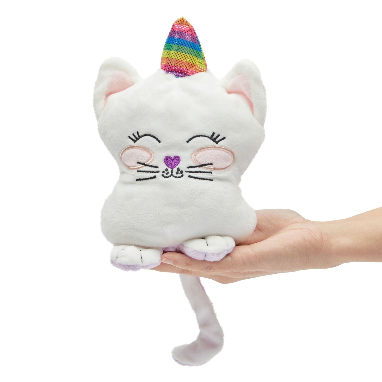 Small Reversible Caticorn Plush Toy, Lavender and White Caticorn Plushie with Rainbow Horn (6 x 12 In)