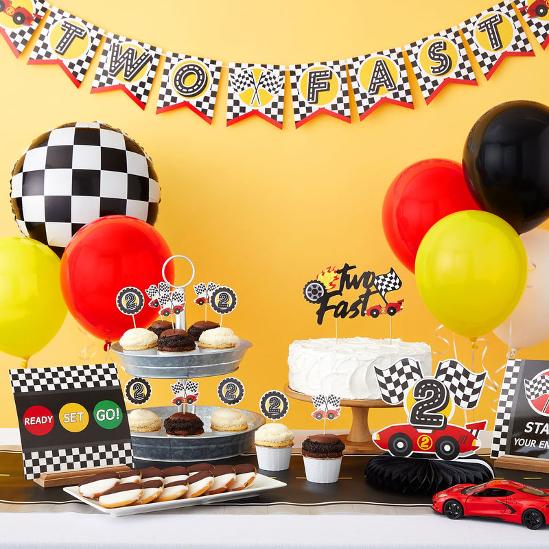 51 Piece Two Fast Car Themed Birthday Decorations, Party Supplies Including Banner, Cake Toppers, Balloons, Centerpieces, and Wall Signs