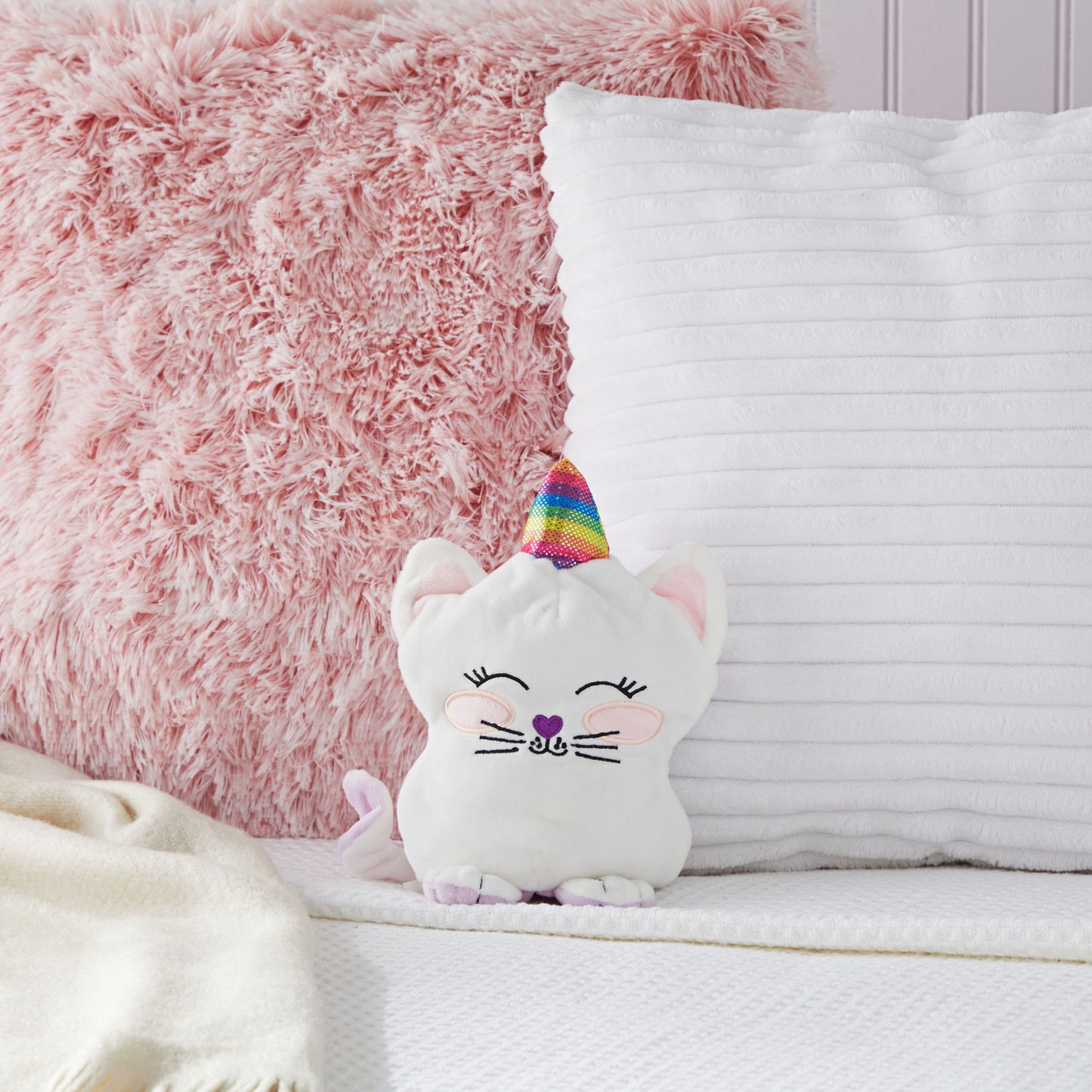 Small Reversible Caticorn Plush Toy, Lavender and White Caticorn Plushie with Rainbow Horn (6 x 12 In)