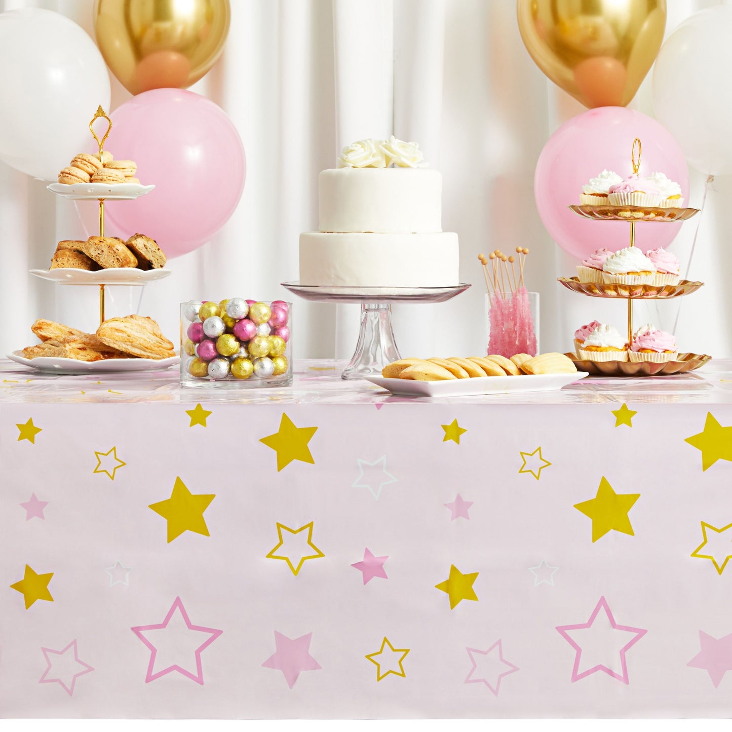 3 Pack Pink Plastic Table Covers for Girls Twinkle Twinkle Little Star Baby Shower Decorations (54 x 108 In)