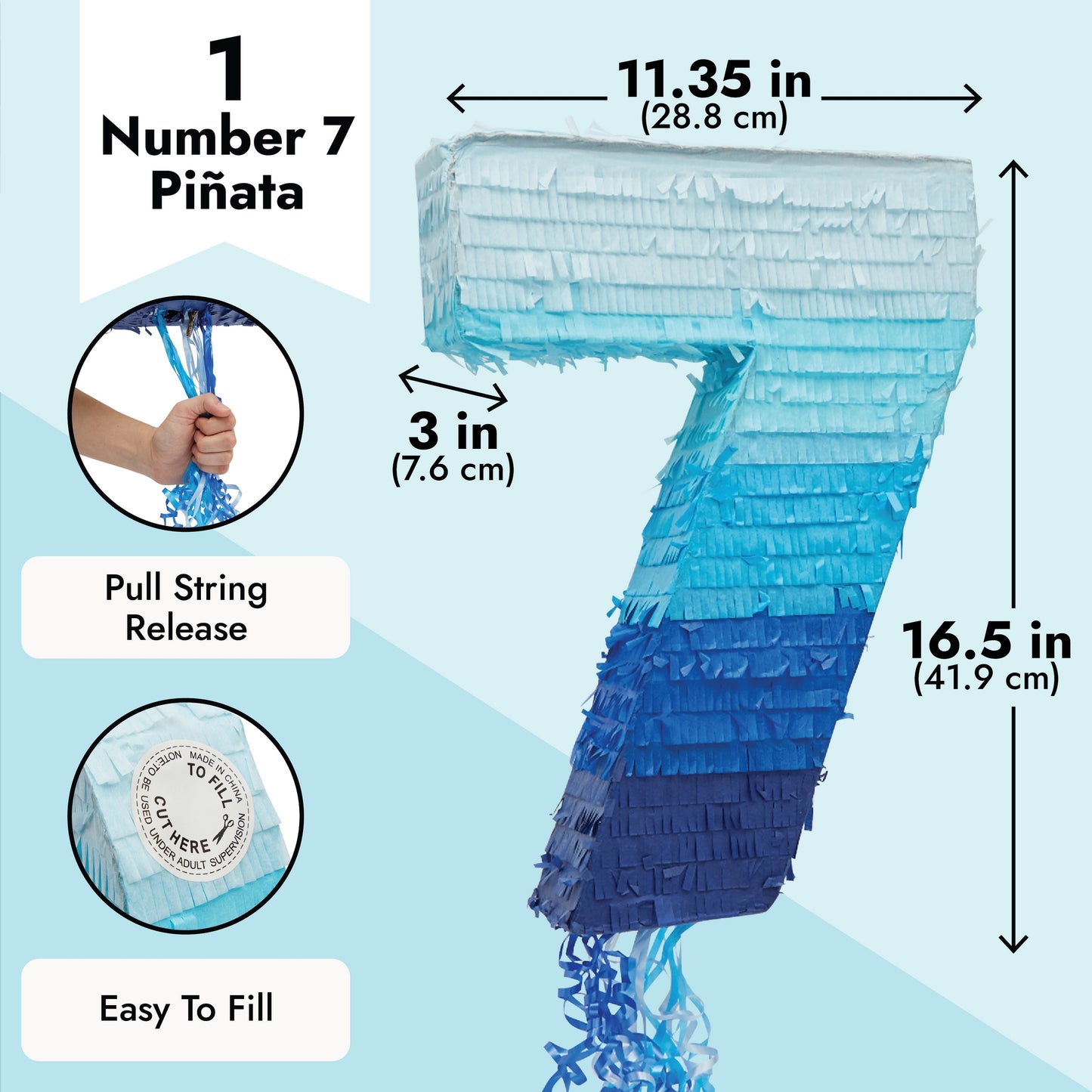 Number 7 Pull String Pinata for Boys 7th Birthday Party Decorations, Ombre Blue (16.5 x 11.35 In)