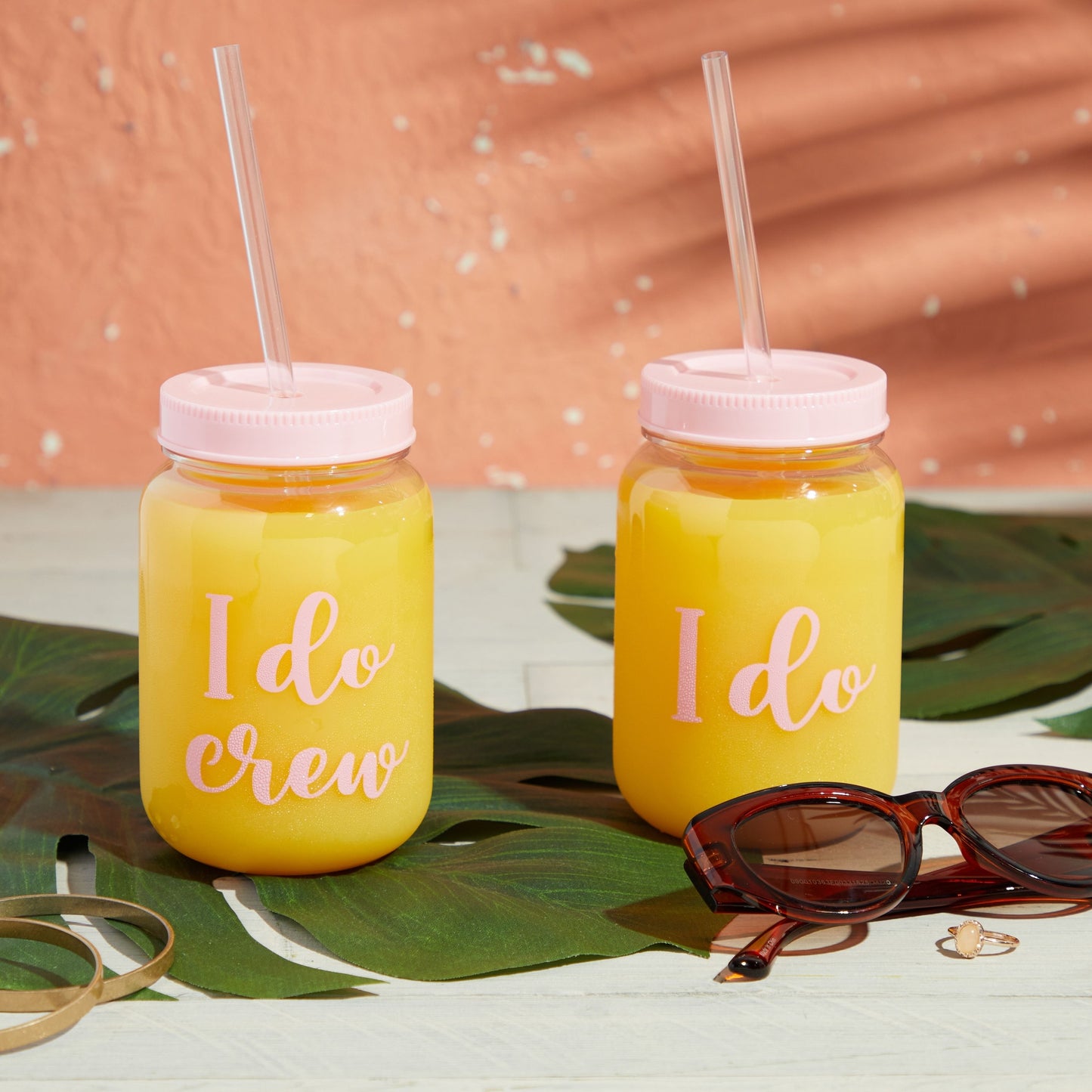 12 Pack "I Do Crew" Bachelorette Party Cups with Lids, Pink Bridal Shower Mason Jar Gifts (18 oz)