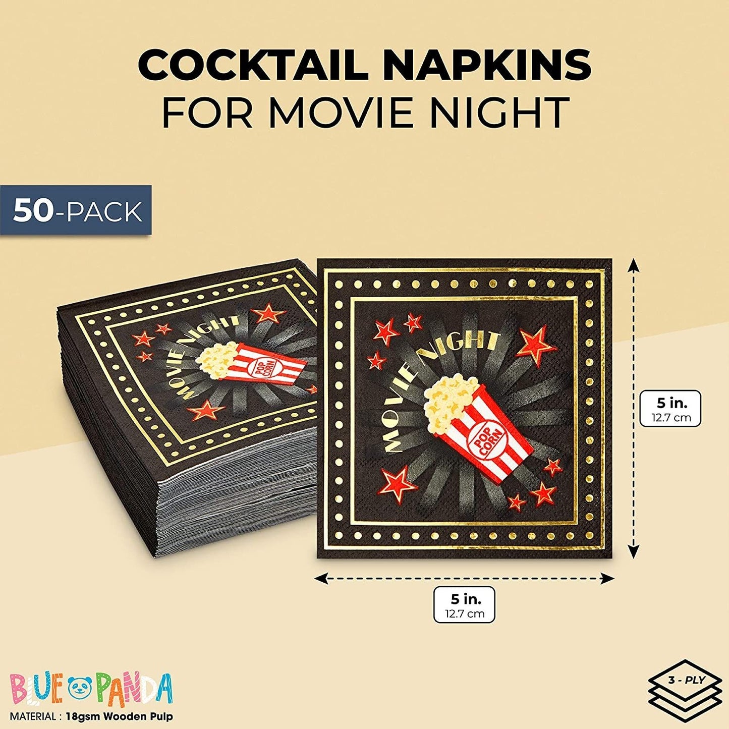 Cocktail Napkins for Movie Night Party (Black, 5 x 5 In, 50 Pack)