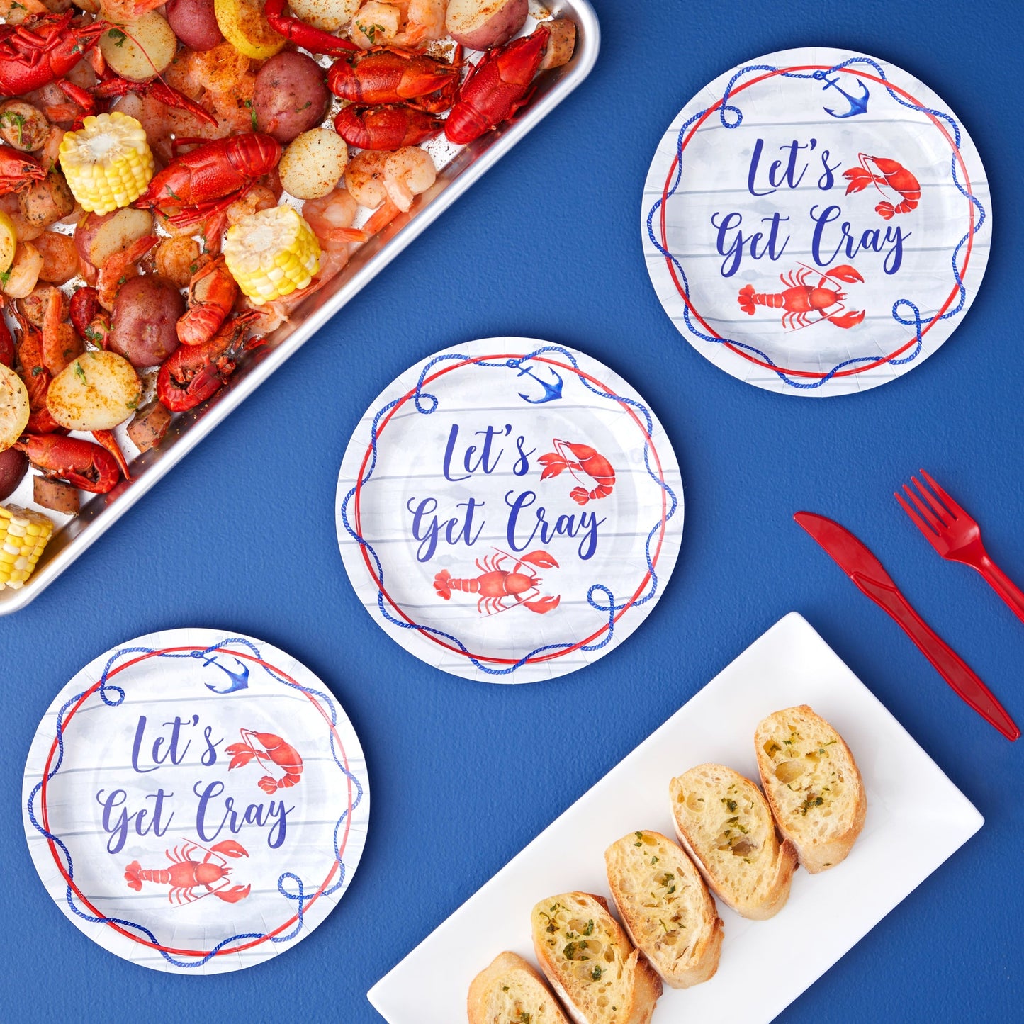 48 Pack Lets Get Cray Seafood Boil Plates for Crawfish Boil Party Supplies (7 x 7 In)