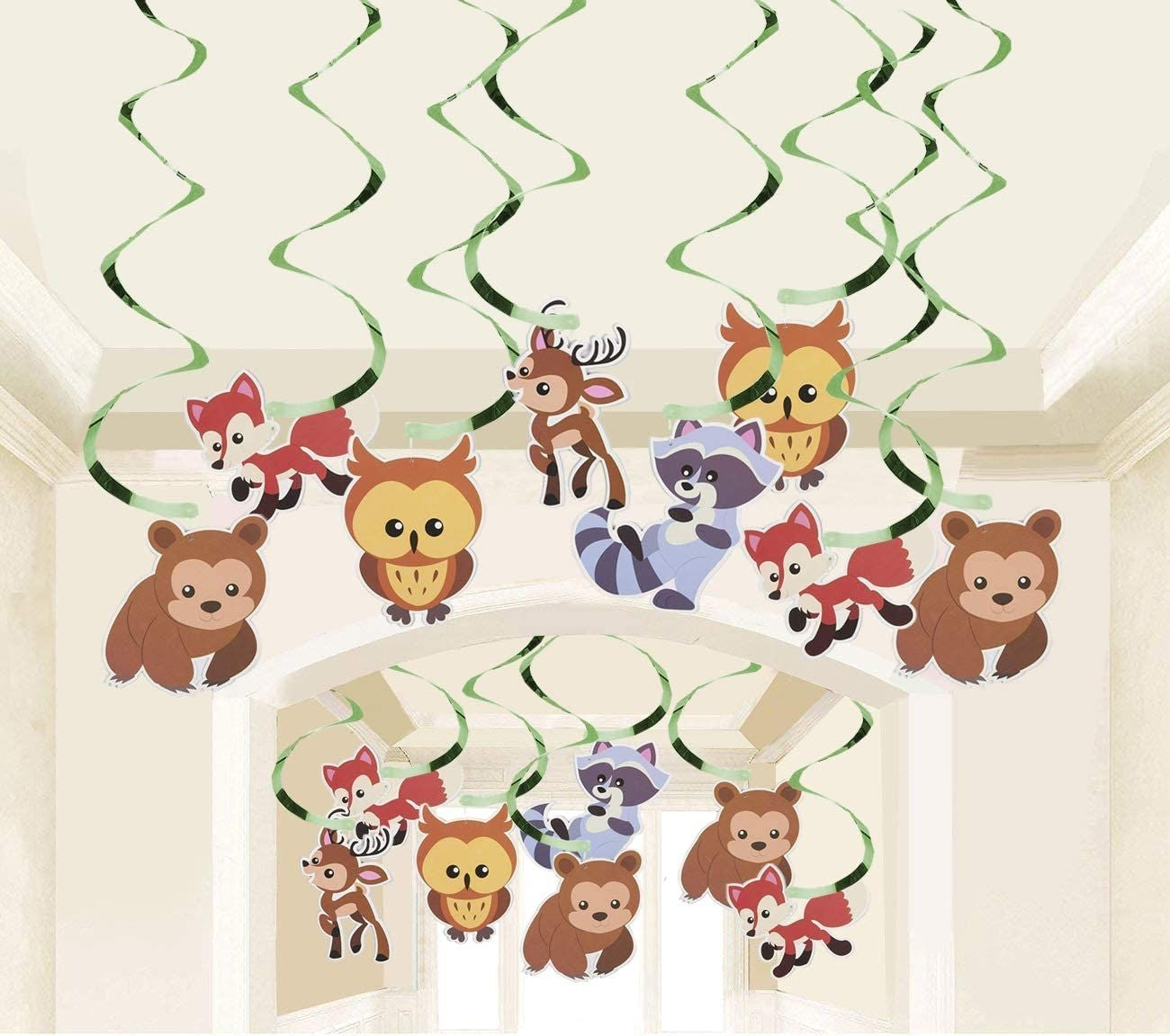 30-Count Swirl Decorations – Woodland Animals DecorBirthday Party Decorations, Ceiling Streamers, Hanging Whirls for Kids, Multicolored - Hanging Length: 30 – 37 Inches