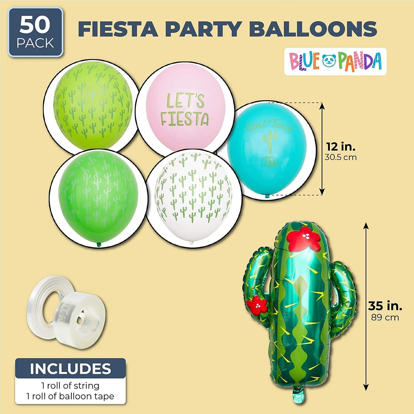 50 Pack Tropical Cactus Latex Balloons with Ribbons for Fiesta and Cinco de Mayo Party Supplies Decoration, 12 in