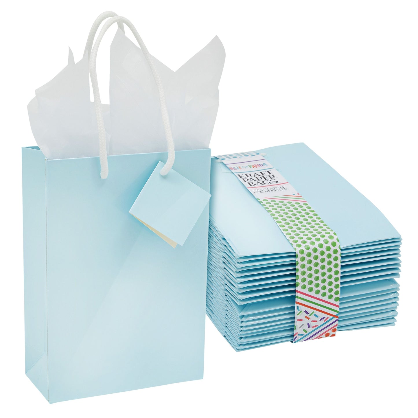 20-Pack Small Paper Gift Bags with Handles, 5.5x2.5x7.9-Inch Goodie Bags with 20 Sheets White Tissue Paper and 20 Hang Tags for Small Business (Light Blue)