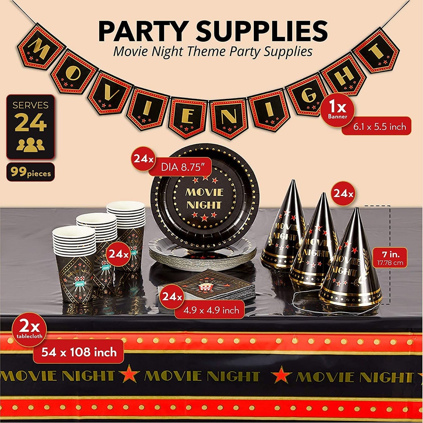 Movie Night Party Pack with Dinnerware, Hats, Banner, Tablecloths (Serves 24, 99 Pieces)