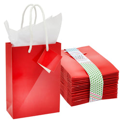 20-Pack Small Paper Gift Bags with Handles, 5.5x2.5x7.9-Inch Goodie Bags with 20 Sheets White Tissue Paper and 20 Hang Tags for Small Business (Red)