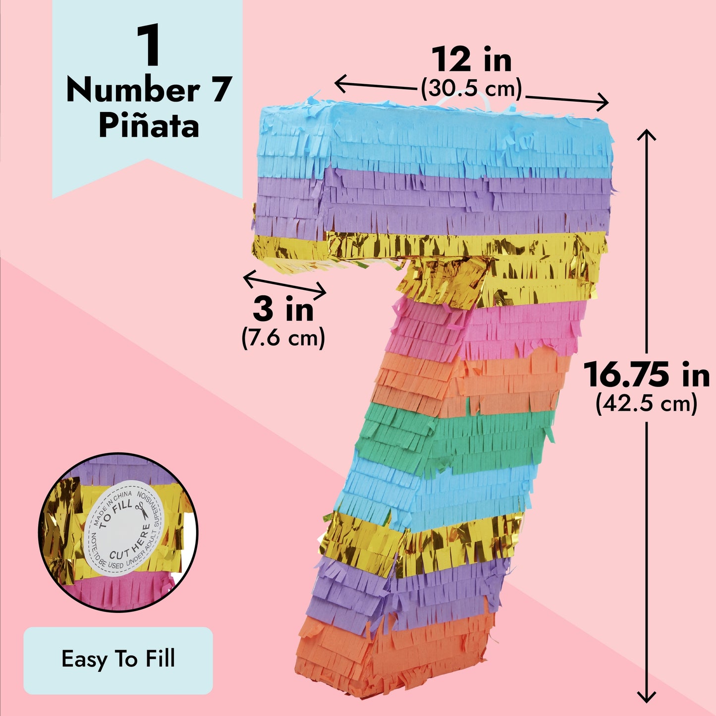 Rainbow Number 7 Pinata for 7th Birthday Party Decorations, Fiesta , Cinco de Mayo Celebration (Small, 12 x 16.75 x 3 Inches)