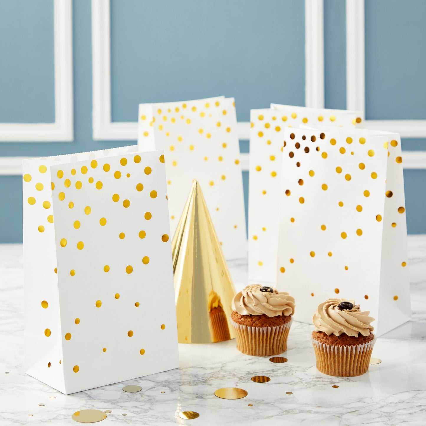 White Party Favor Paper Bags For Kids Birthday, Wedding (Gold Foil Dots, 24 Pack)