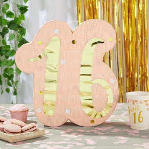 Sweet 16 Pinata for 16th Birthday Party Decorations, Pink and Gold Foil Number (16.5 x 13 x 3 In)
