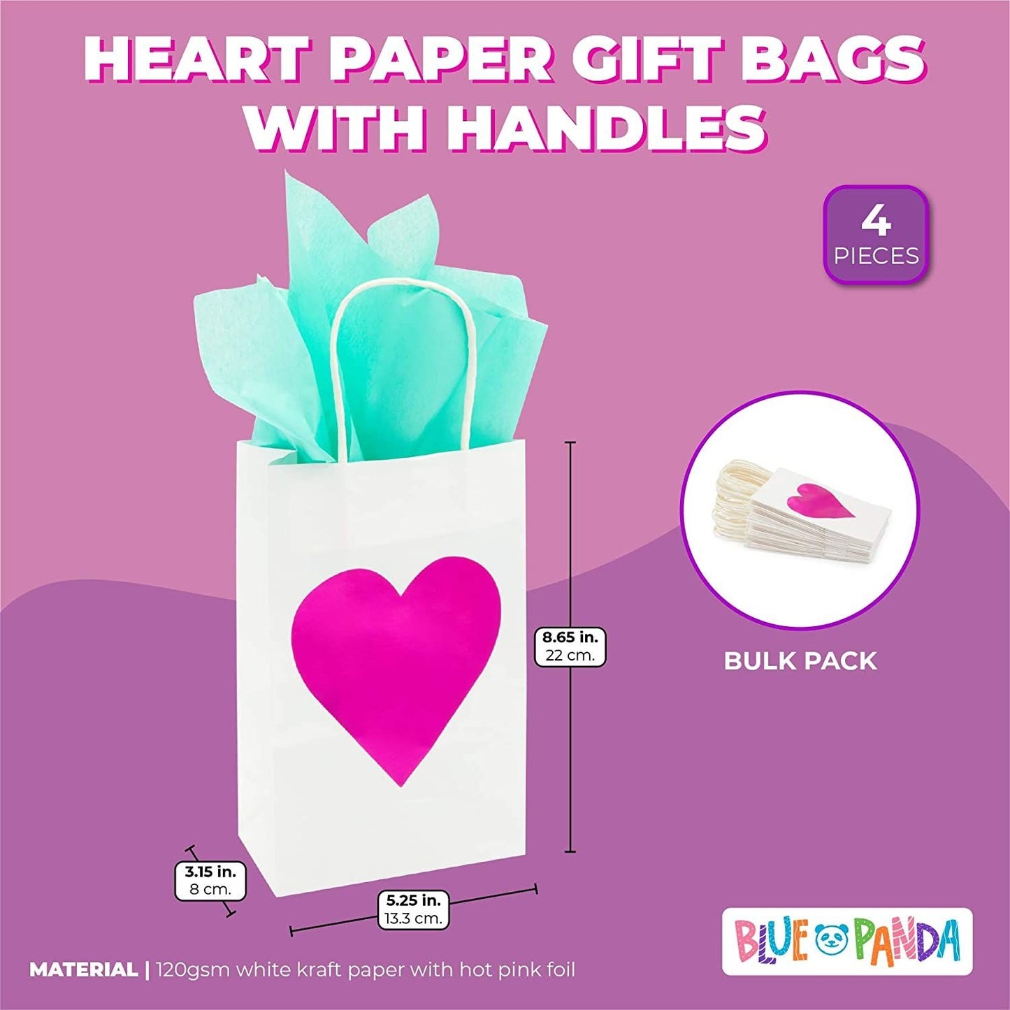 White Gift Bags with Handles for Valentines, Hot Pink Heart (24 Pack)