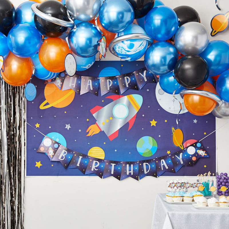 102 Piece Outer Space Birthday Party Decorations with Galaxy Backdrop, Banner, Backdrop, Balloons, Hanging Swirls, Cupcake Toppers