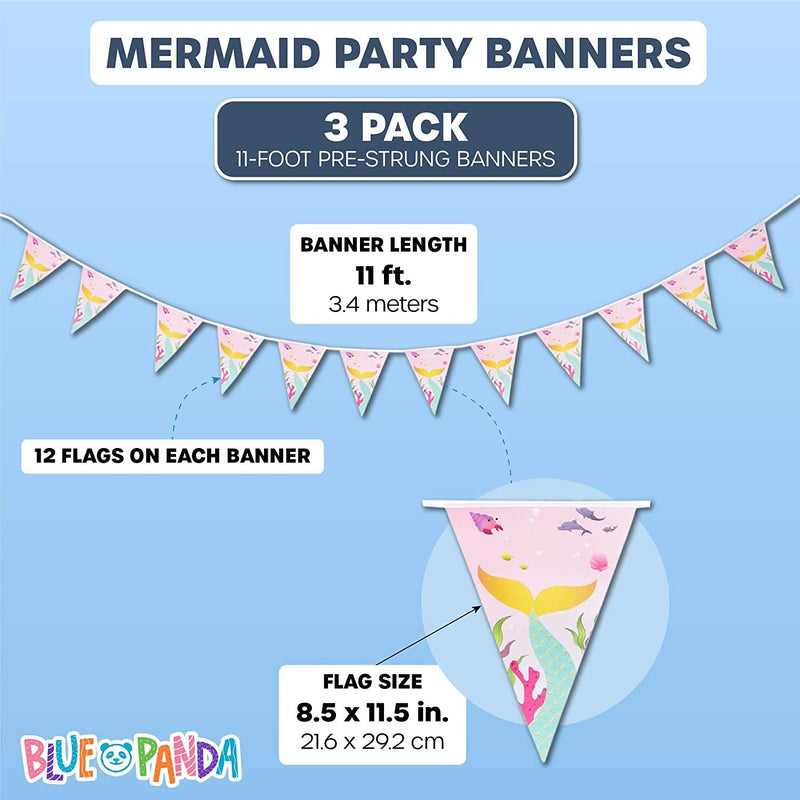 Mermaid Party Banners for Girls Birthday (11 ft, 3 Pack)