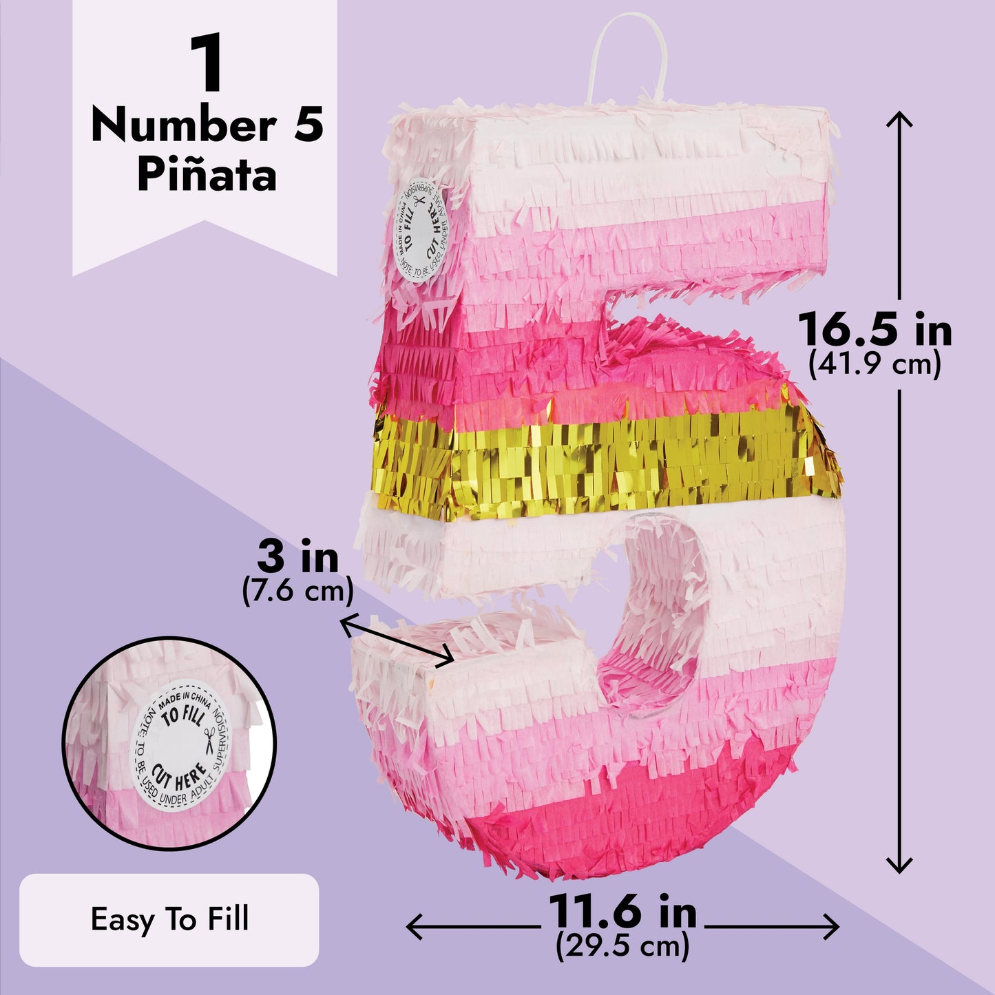 Number 5 Pinata, Pink and Gold Foil for Girls 5th Birthday Party Decorations (Small, 16.5 x 11.6 x 3 In)