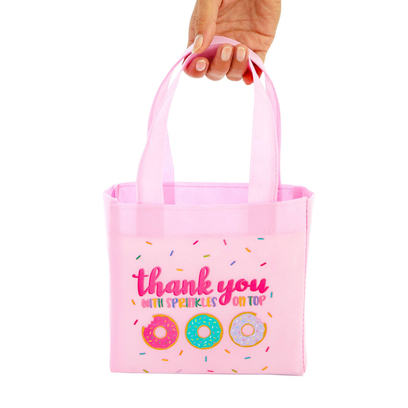 24 Pack Donut Goodie Bags - Pink Donut Theme Party Favor Totes for Girl's Birthday, Baby Shower, Special Event (6.5 x 7 x 2 In)