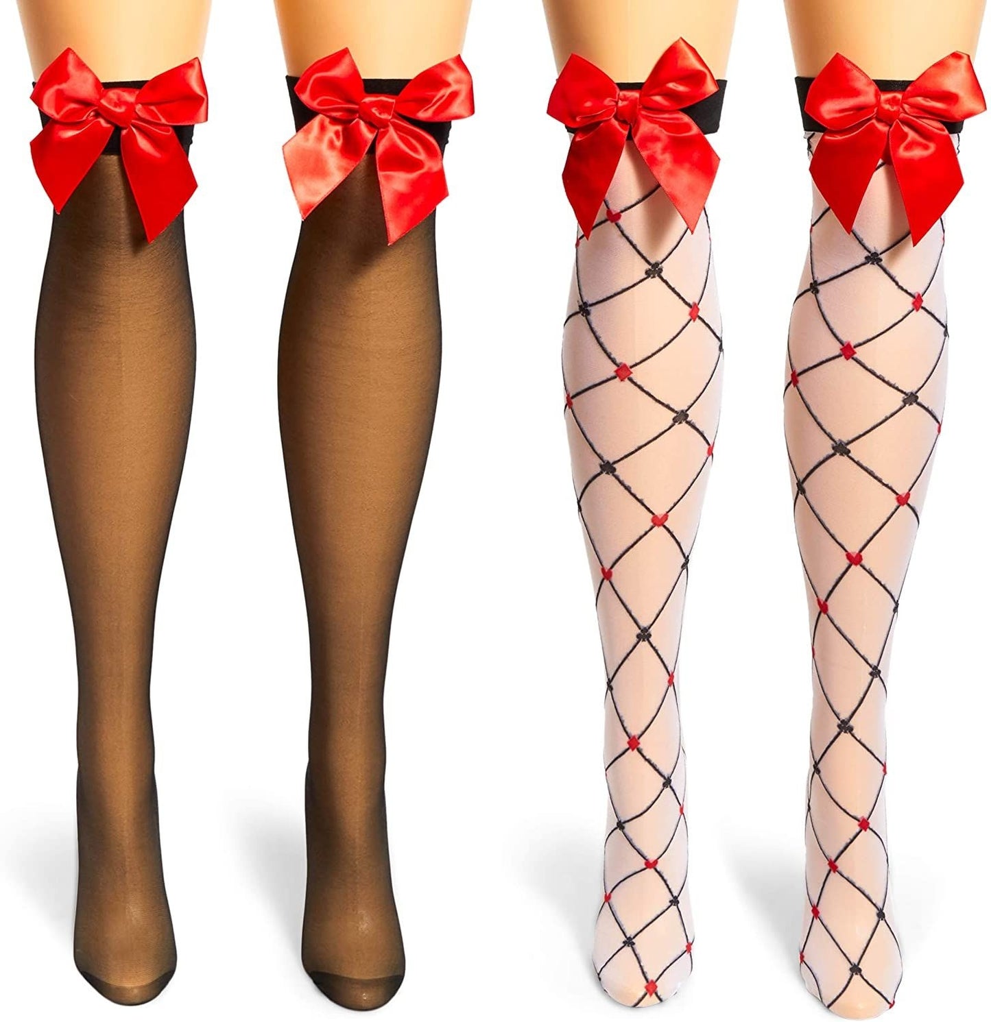 Women's Thigh-High Stockings, Hearts and Bow Sheer Pantyhose (One Size, 2 Pairs)