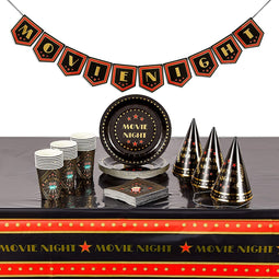 Movie Night Party Pack with Dinnerware, Hats, Banner, Tablecloths (Serves 24, 99 Pieces)