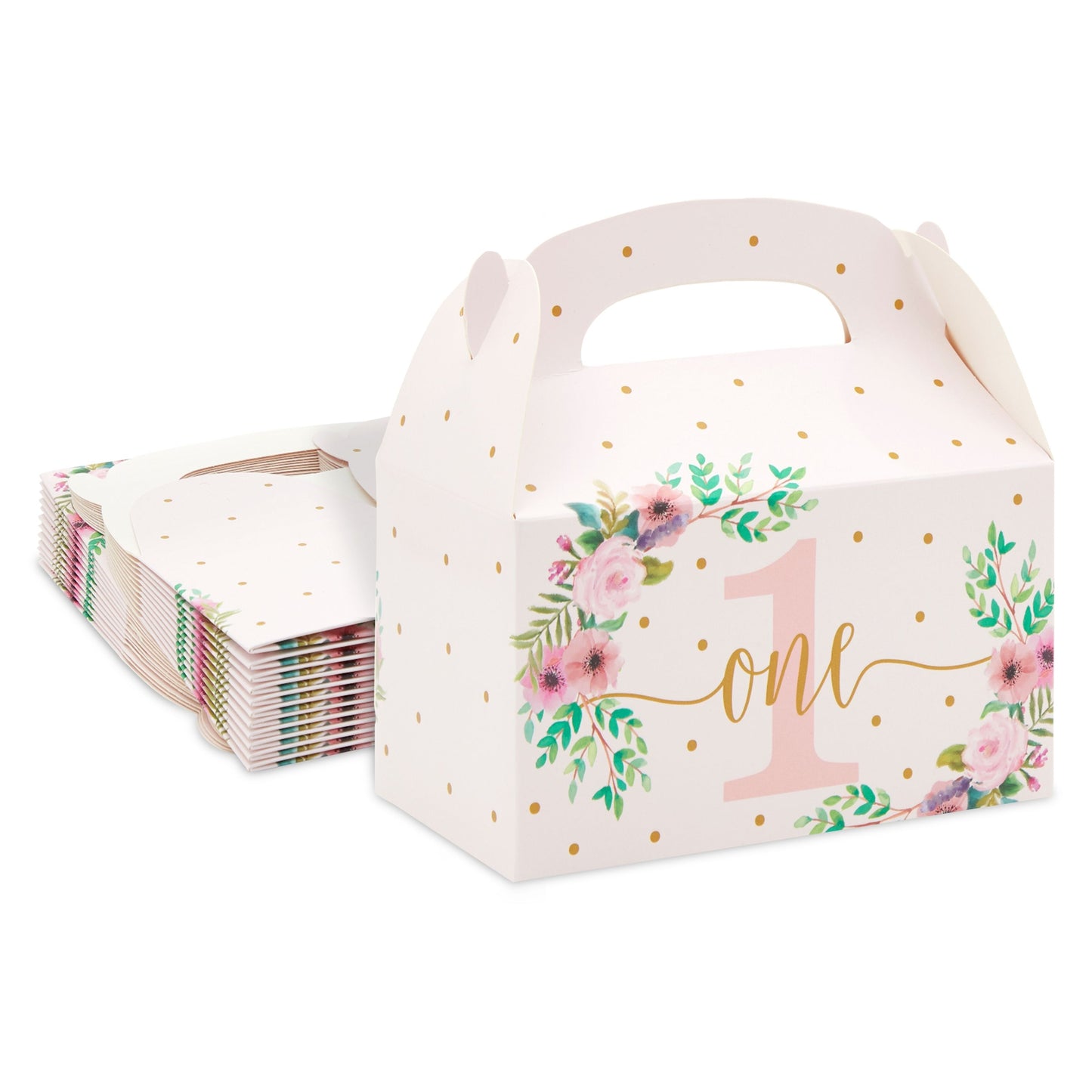 24 Pack Pink Floral Gift Boxes for 1st Birthday Party Favors - Goodie Gable Box for Kids (6.2 x 3.6 x 3.3 in)