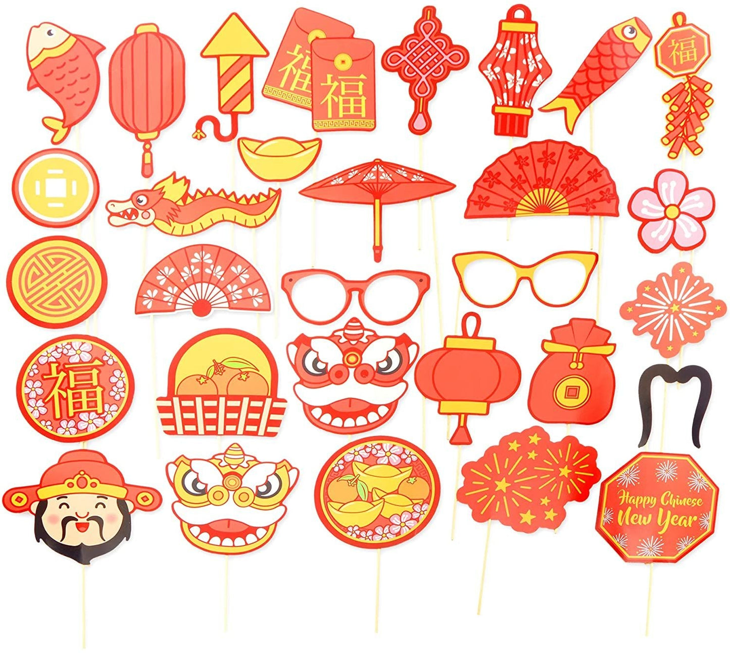 Chinese New Year Photo Booth Props, Fun Party Supplies (30 Pieces)