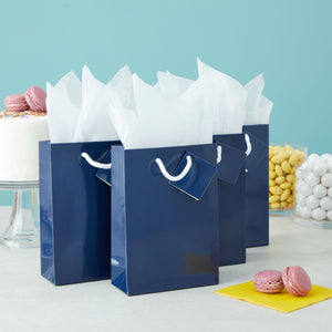 20-Pack Small Paper Gift Bags with Handles, 5.5x2.5x7.9-Inch Goodie Bags with 20 Sheets White Tissue Paper and 20 Hang Tags for Small Business (Navy Blue)