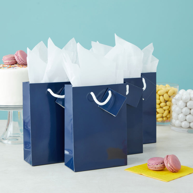 20-Pack Small Paper Gift Bags with Handles, 5.5x2.5x7.9-Inch Goodie Bags with 20 Sheets White Tissue Paper and 20 Hang Tags for Small Business (Navy Blue)