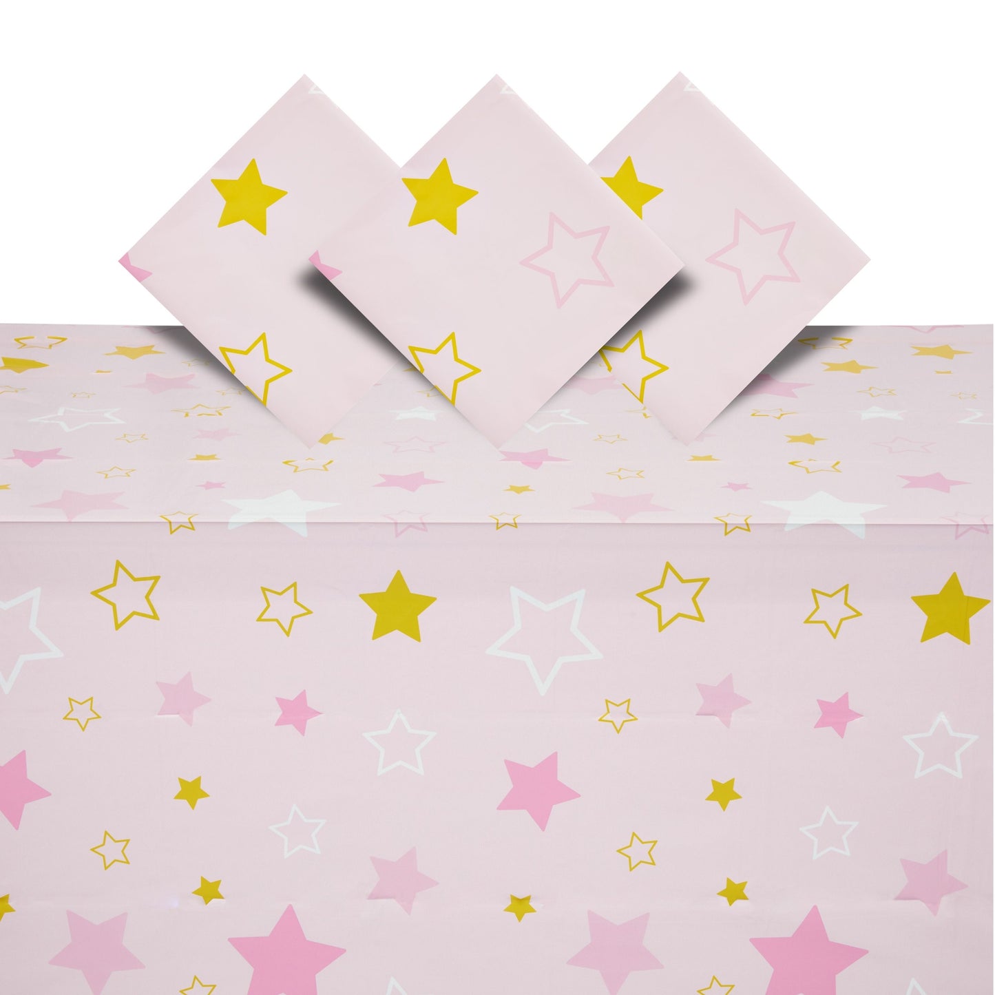 3 Pack Pink Plastic Table Covers for Girls Twinkle Twinkle Little Star Baby Shower Decorations (54 x 108 In)