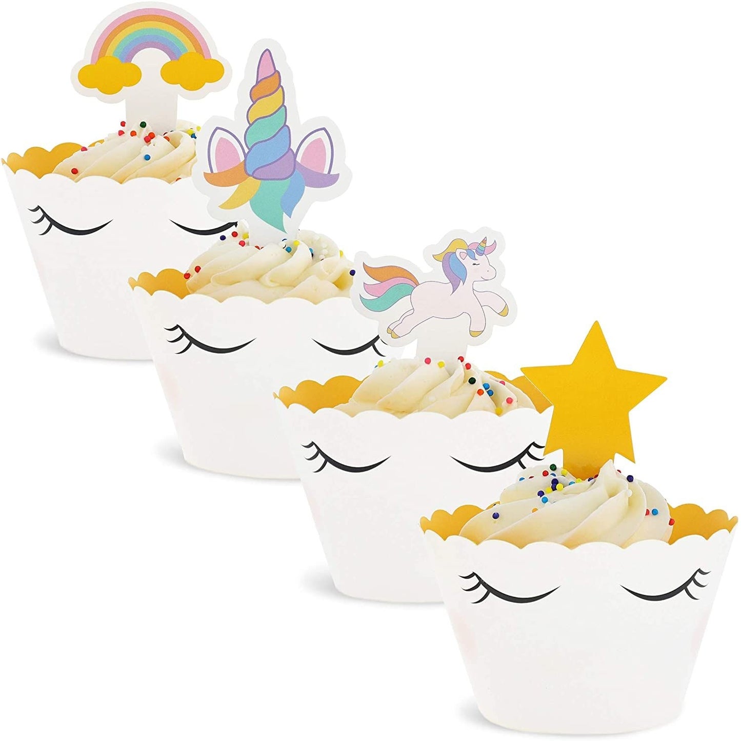 100-Pack Rainbow Unicorn Cupcake Toppers and Wrappers, Birthday Party Decorations, 1 X 3 inches