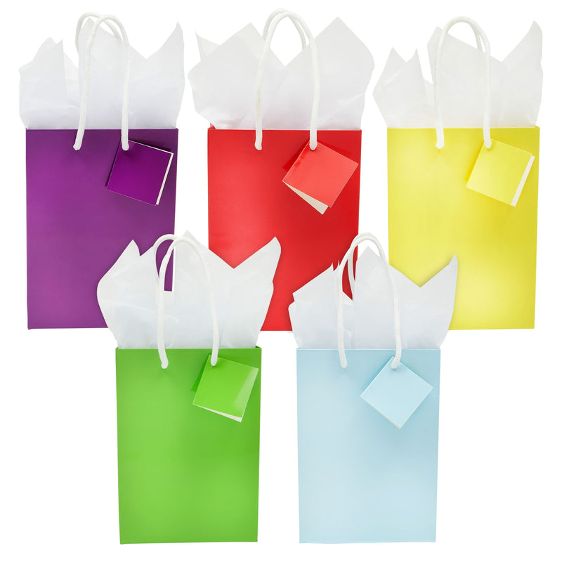 20-Pack Small Paper Gift Bags with Handles, 5.5x2.5x7.9-Inch Goodie Bags with 20 Sheets White Tissue Paper and 20 Hang Tags for Small Business (5 Colors)