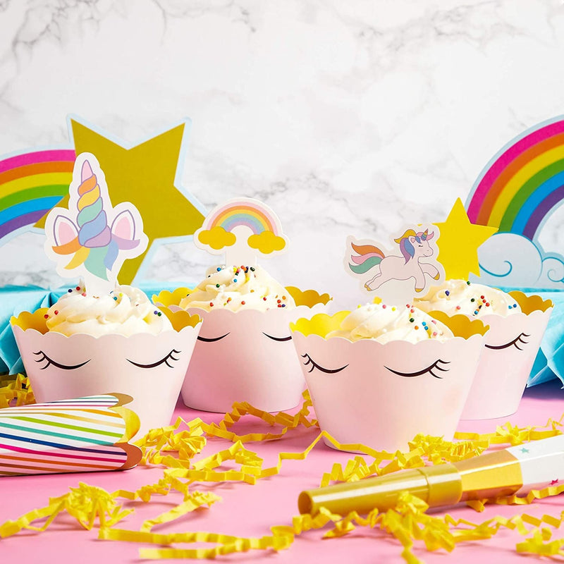 100-Pack Rainbow Unicorn Cupcake Toppers and Wrappers, Birthday Party Decorations, 1 X 3 inches